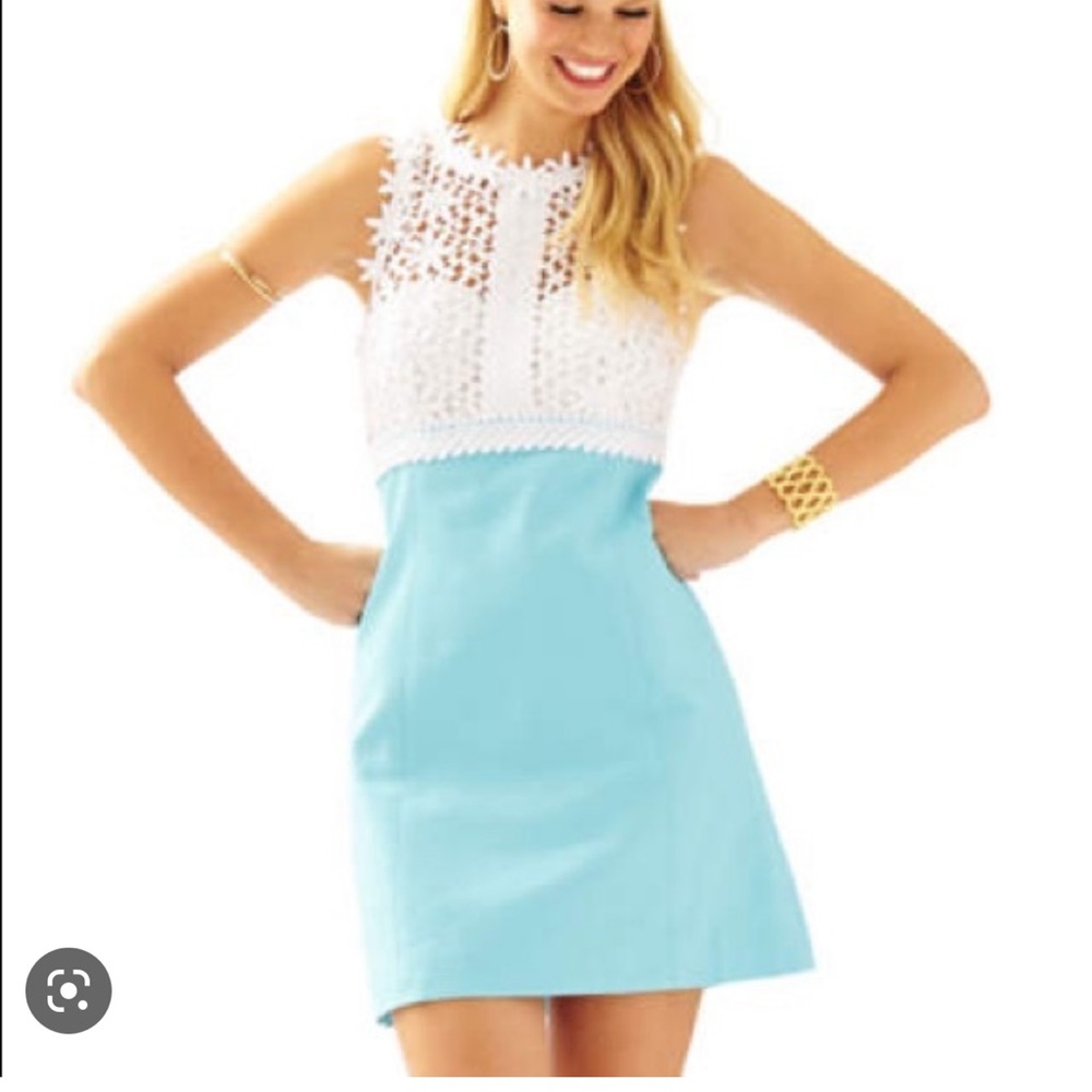 Lilly Pulitzer White Crochet Bodice Aqua Blue Midi Dress